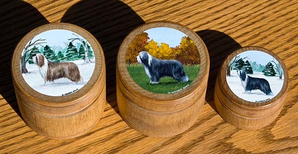 Round Hardwood Boxes - Bearded Collies