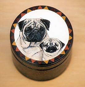 Large Round Hardwood Box - Pugs